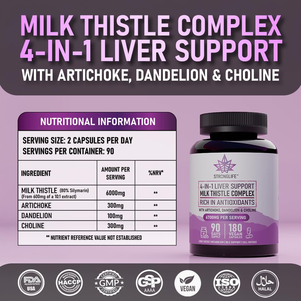 Stronglife Milk Thistle Complex Capsules – 6000mg Silymarin Extract with Artichoke, Dandelion & Choline – Liver & Detox Support for Men & Women – 180 Capsules – 90 Day Supply