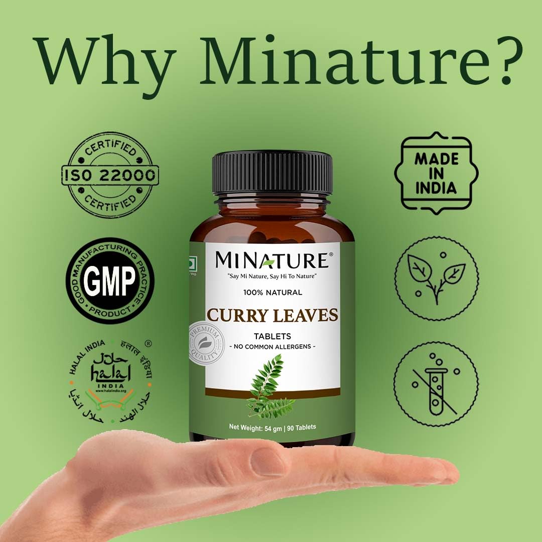 minature mi Nature Curry Leaves Tablet (Murraya koenigii) | Pure & Natural | Free from Chemical & Preservative| Plant Based Gluten Free |90 Tablet, 45 Days Supply 1000mg