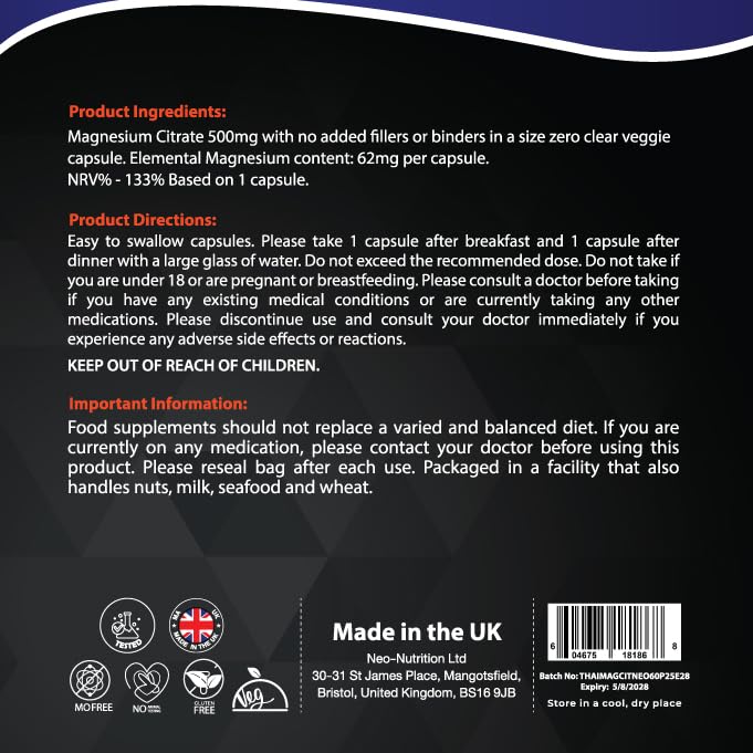 NEO-NUTRITION Magnesium Citrate 500MG for Calm, Relaxation, Constipation & Digestion Health Support | High Absorption Supplement with Elemental Magnesium Oxide | Non-GMO, Soy-Free | 60 Capsules