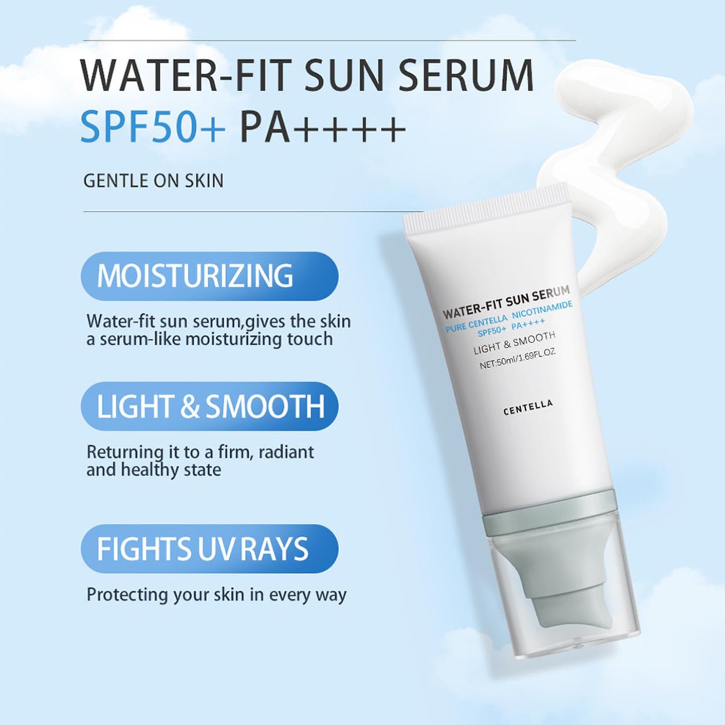 Generic 2 PCS Madagascar Centella Sunscreen SPF 50+ PA++++, Lightweight Hydrating Sun Serum for Face, Broad Spectrum UV Protection, Water-Fit Texture, Soothing & Refreshing, All Skin Types, 50ml
