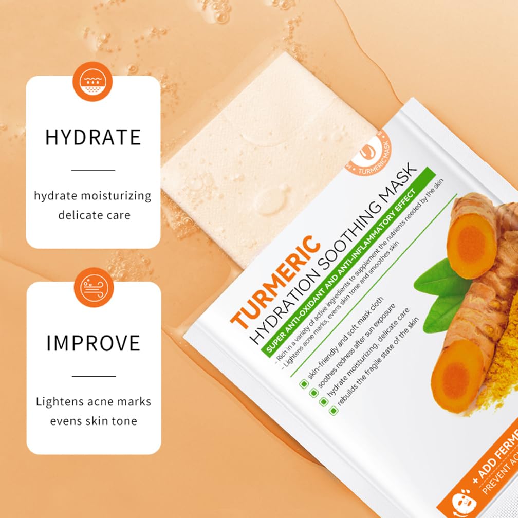 YUYUE-YY 5 Pcs Face Mask Set Turmeric Face Mask, Sheet Mask Skincare for Acne, Dark Spots and Wrinkles, Skincare for Cleanse Face, Shrink Pores and Nourish Skin Even Skin Tone Skin Oil Balance
