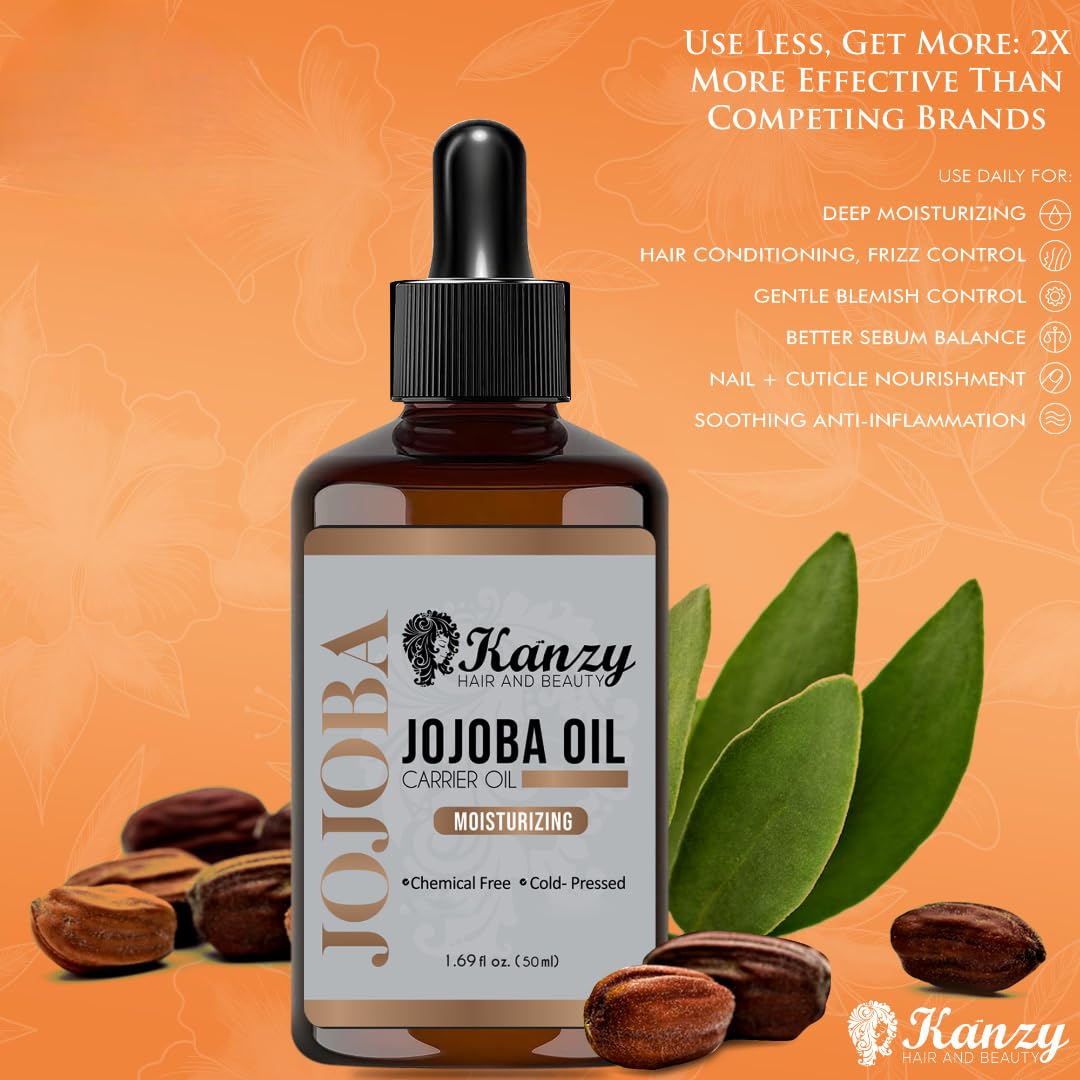 KANZY HAIR AND BEAUTY Kanzy Jojoba Oil Cold Pressed 50ml - 100% Pure Jojoba Oil for Hair, Nails, Eyelash & Eyebrow Growth - Vegan & Cruelty-Free for Skin, Face & Body as Carrier, Massage Oil