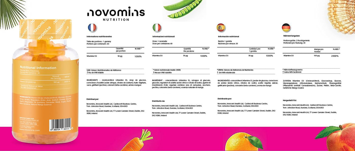 novomins Vitamin D Gummies - High Strength 4000 IU Adult Vitamin D3 Gummies - Chewable Gummy Vitamins - Vegetarian - Gluten Free - Vitamin D Gummies by Novomins