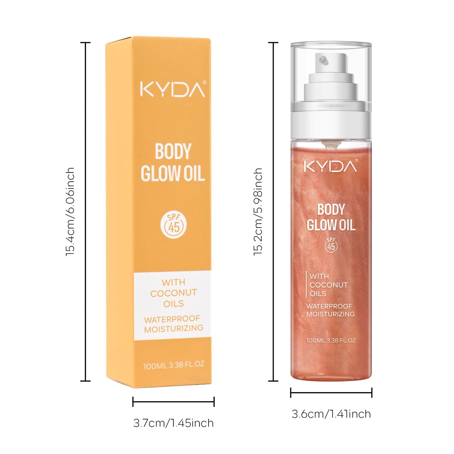 KYDA Body Glow Oil, SPF 45 Broad Spectrum, Sunscreen Body Oil with Rose Gold Mica, Moisturizing Coconut Body Oil, Lightweight Glow Body Moisturizer, Water Resistant, 3.38 fl oz, ROSE