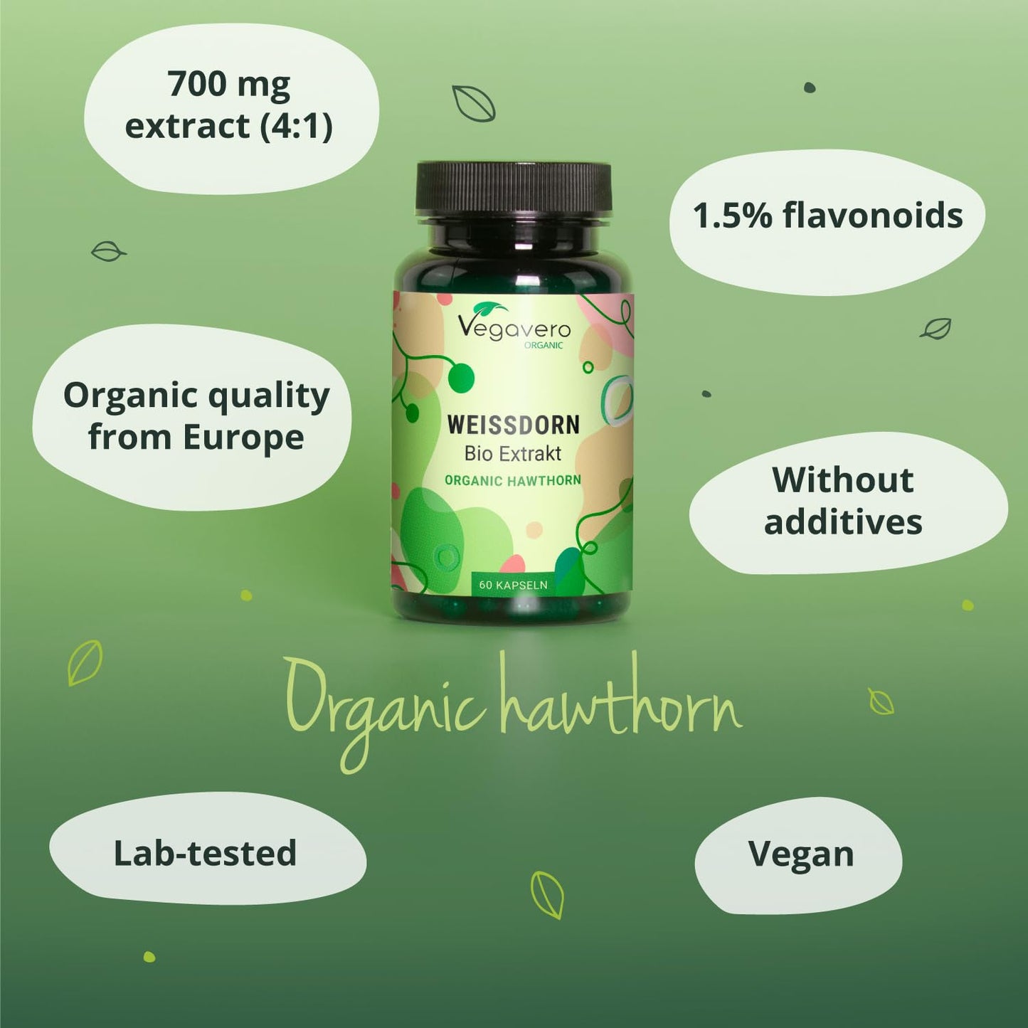 Organic Hawthorn Berry Capsules Vegavero® | Hawthorn Extract 700mg | NO Additives, Lab-Tested | Natural Antioxidant | 60 Capsules | Vegan