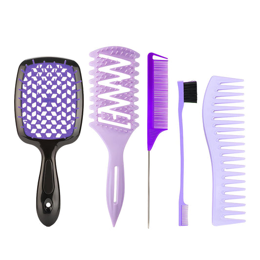 Generic Hair Brush Set – 5 Pack Detangling Brushes & Combs for Women – Anti-Static Paddle, Round & Vent Brush, Wide Tooth Comb & Tail Comb for Curly, Wet & Dry Hair – Salon & Home Styling Kit