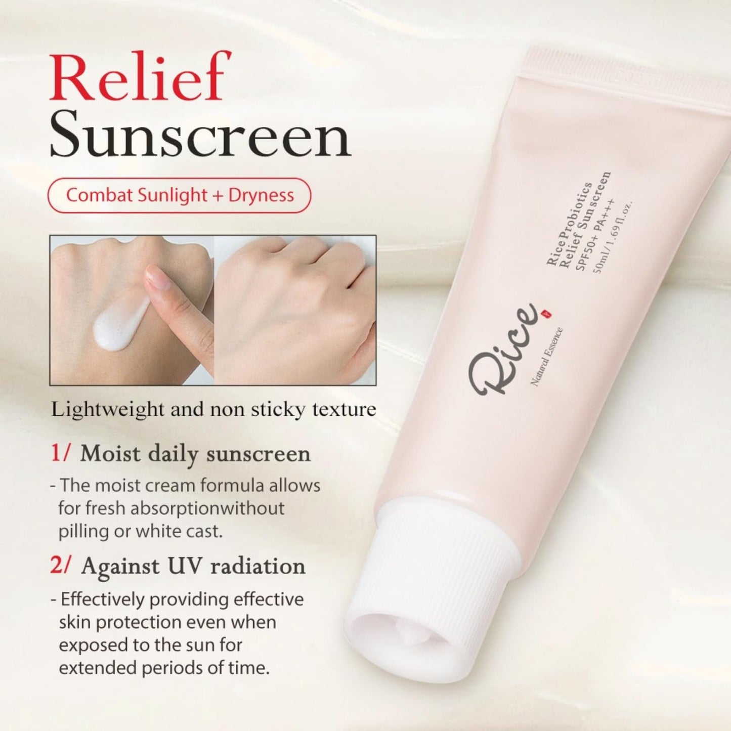 Tongyend Rice Korean Sunscreen for Face SPF 50, Rice Probiotics Daily Relief Sunscreen for face, Relief Facial Sun Cream PA+++ | Lightweight Non-Greasy SPF 50 Face Moisturiser | Korean Skincare – 50ml