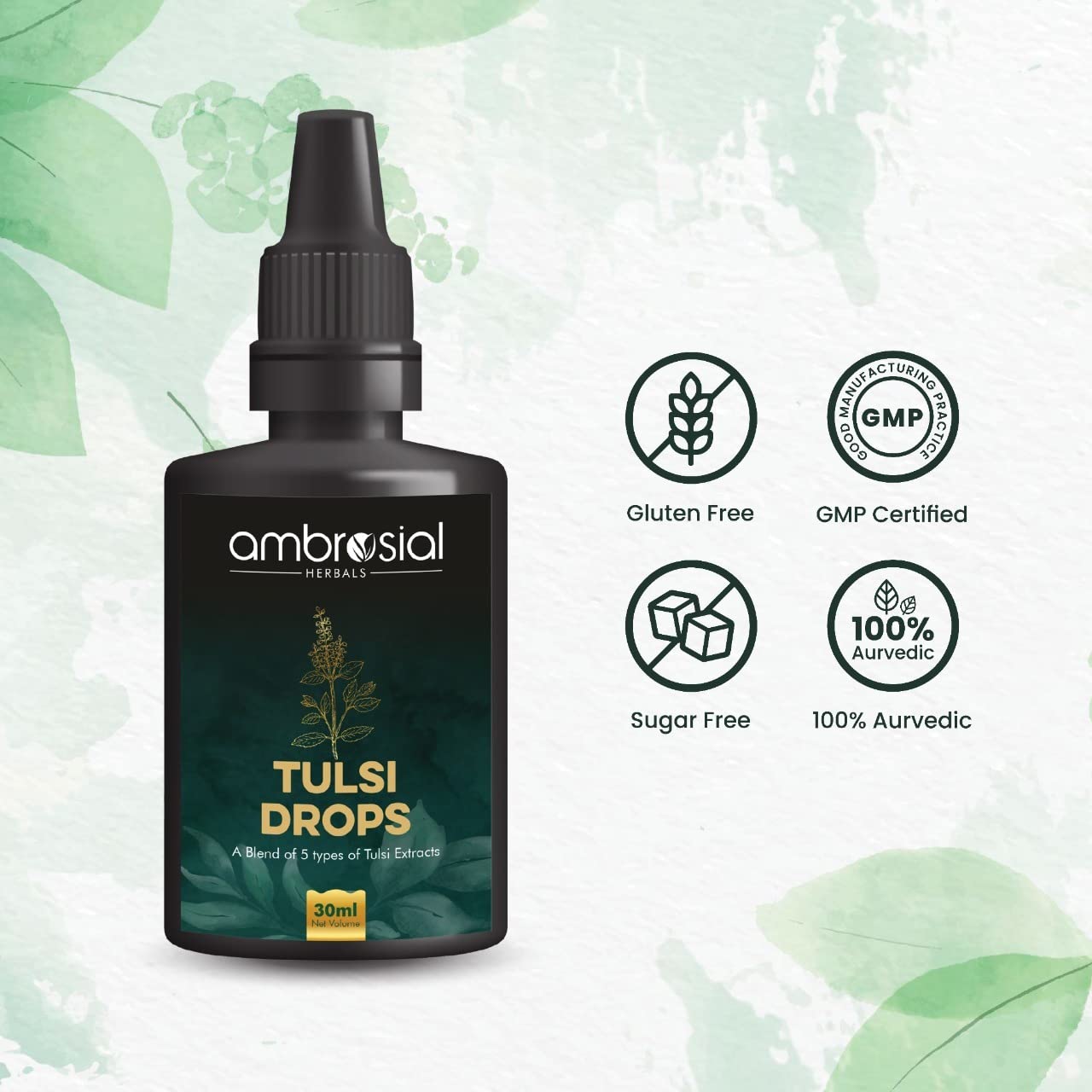 Ambrosial Tulsi Drops Concentrated Extract of 5 Tulsi 30ml | Natural Immunity Booster | Relieves Cough & Cold | Raw Extract of Holy Basil Leaf (30ml)