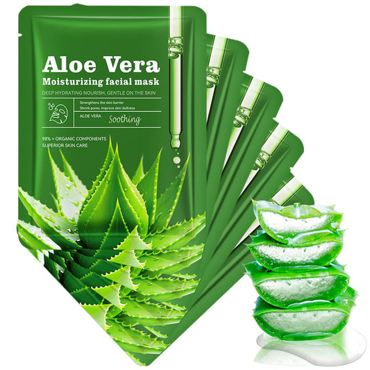 FPNNZ Aloe Vera Sheet Face Mask 5 Pack - Hydrating & Soothing Korean Skincare Treatment for Glowing Skin - Organic Collagen Facial Mask Set Suitable for All Skin Types