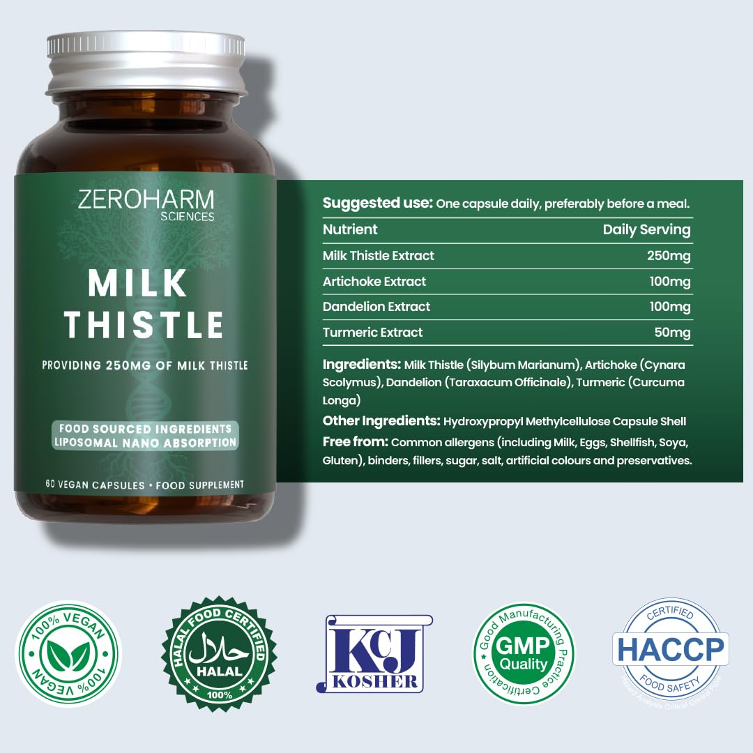 ZEROHARM Milk Thistle Capsules– Liver Support & Detox Supplement with Artichoke, Dandelion & Turmeric – Liposomal Nano Absorption - High Strength Herbal Supplement for Men & Women– 60 Capsules