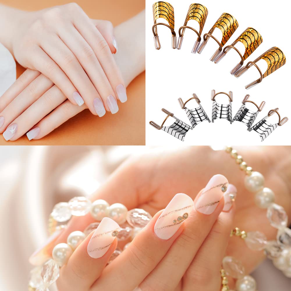 Roshevy 10 PCS Nail Forms Aluminum Nail Art Forms Tips Reusable Nail Extension Guide Protector Nail Accessories Manicure Tool for Acrylic UV Gel French Nail Art Salon Home Use