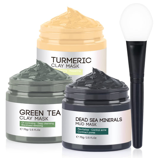 Ingbear Green Tea Clay Mask, Dead Sea Minerals Mud Mask, Turmeric Clay Facial Mask, Face Masks Skincare for Pore, Blackhead, Blemish and Acne, 70g*3