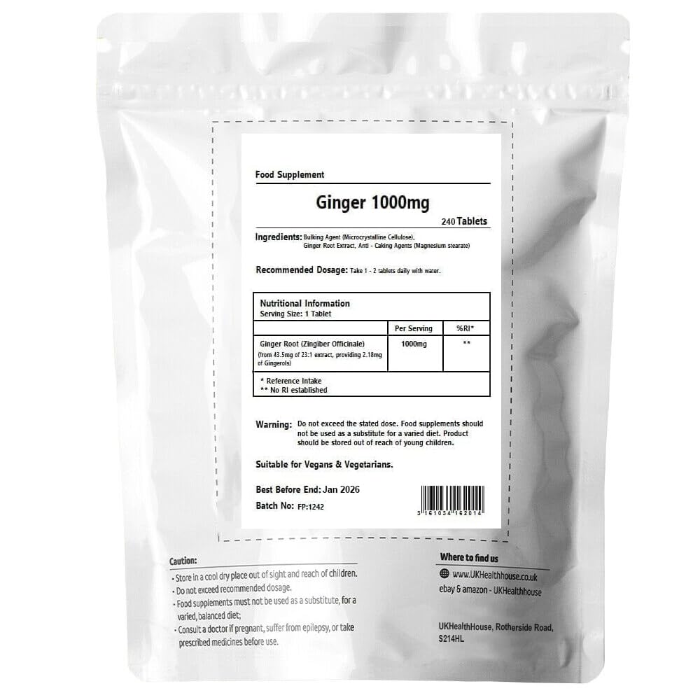 UKHealthHouse Ginger Root 1000mg Extract 240 Tablets - Providing Gingerols & Shogaols UK Vegan High Potency Popular Ginger Supplement for Digestive Health