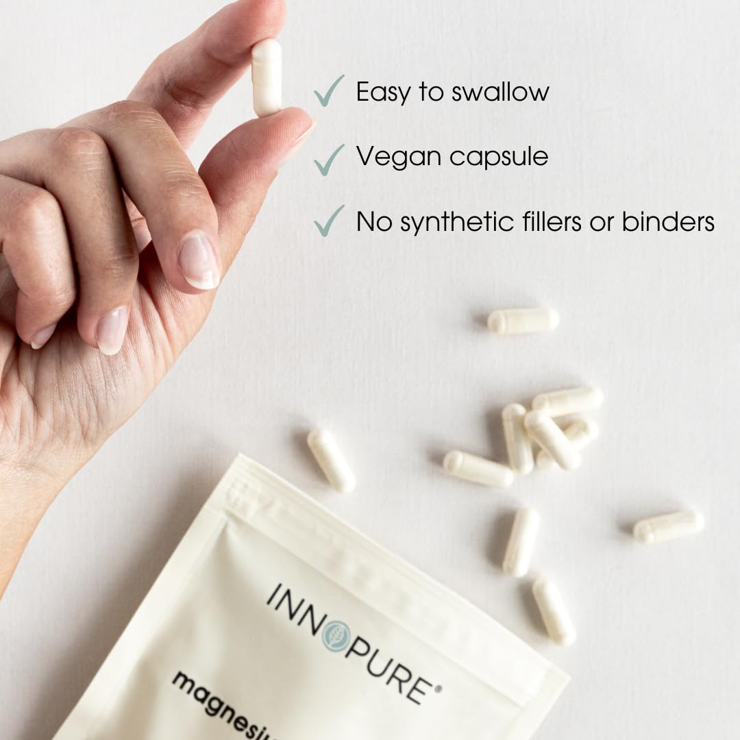 INNOPURE Magnesium Glycinate 180 Capsules - Bioavailable Magnesium Supplements - 500mg Per Capsule Providing 100mg of Elemental Magnesium Bisglycinate Powder, UK Made