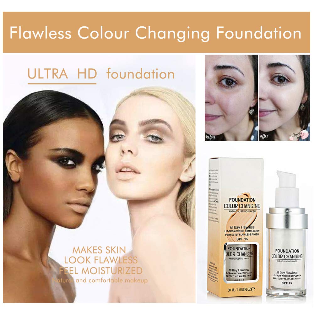 Flawless Colour Changing Foundation Makeup Base Warm Skin Tone Nude Face Moisturizing Liquid Cover Concealer Universal Shade for ALL Skin Makeup(2PCS)