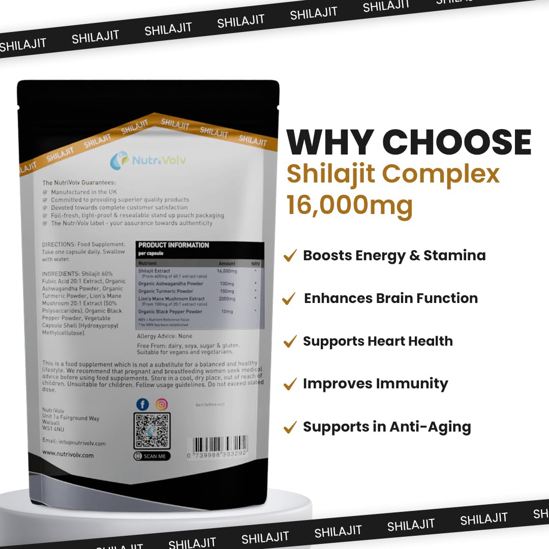 Shilajit Complex 16,000mg Capsules | 120 Days Supply | 60% Fulvic Acid | Added Ashwagandha, Lions Mane, Turmeric and Black Pepper | High Strength Himalayan Shilajit