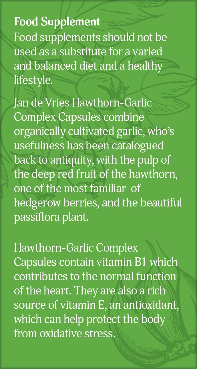 Jan de Vries Hawthorn-Garlic Complex | Rich Source of Natural Vitamin E, an antioxidant | Contains Vitamin B1 which Contributes to Normal Heart Function | 90 Capsules