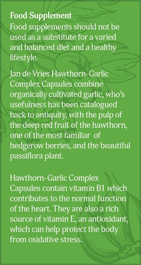 Jan de Vries Hawthorn-Garlic Complex | Rich Source of Natural Vitamin E, an antioxidant | Contains Vitamin B1 which Contributes to Normal Heart Function | 90 Capsules