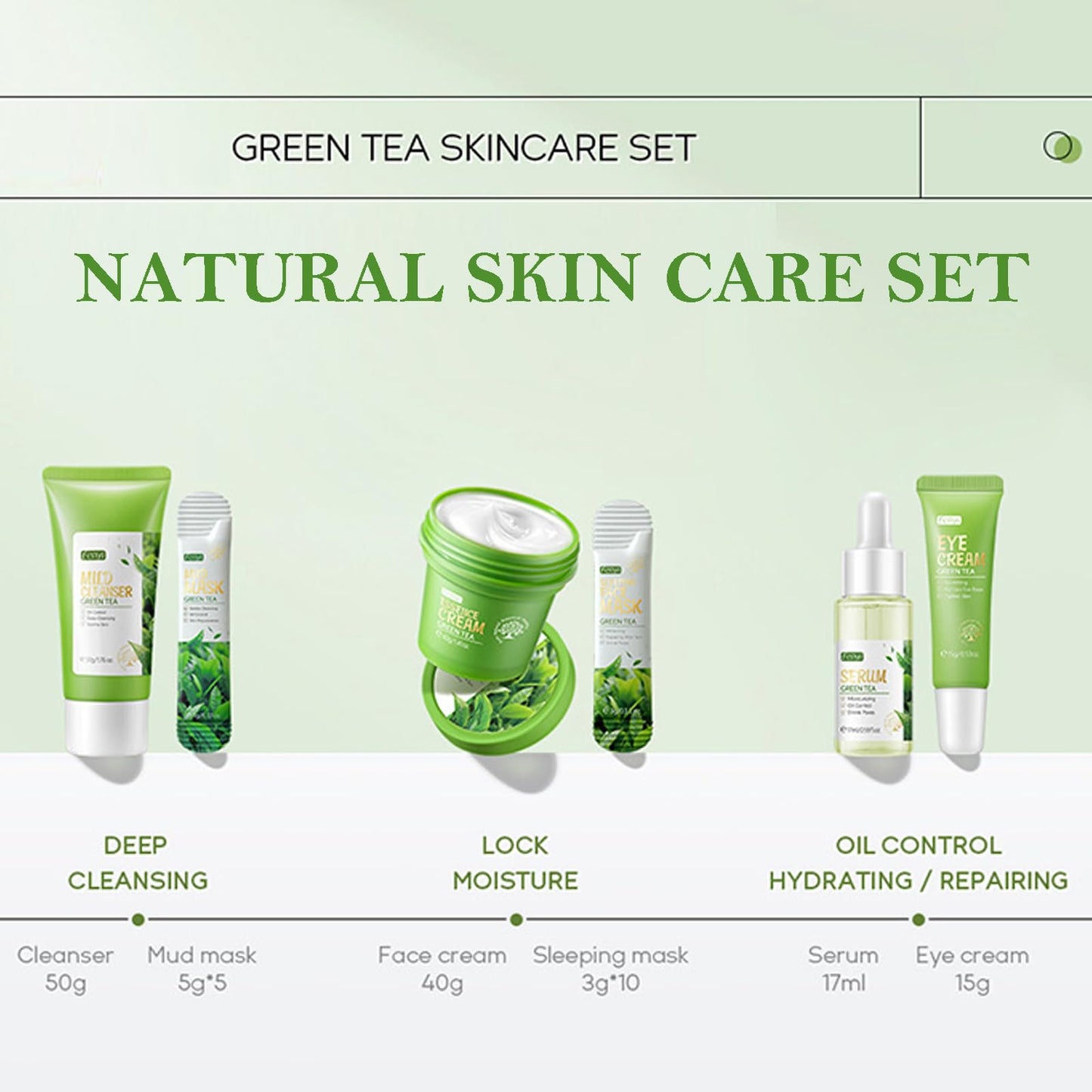 Green Tea Skincare Set Gifts For Men & Women,Anti Acne Skincare Set Include Cleanser-Serum-Eye Cream-Face Cream- Face Mask-Blackhead Remover Mask For Hydrate Shrink Pore Sooth Redness Oil Control