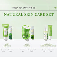 Green Tea Skincare Set Gifts For Men & Women,Anti Acne Skincare Set Include Cleanser-Serum-Eye Cream-Face Cream- Face Mask-Blackhead Remover Mask For Hydrate Shrink Pore Sooth Redness Oil Control