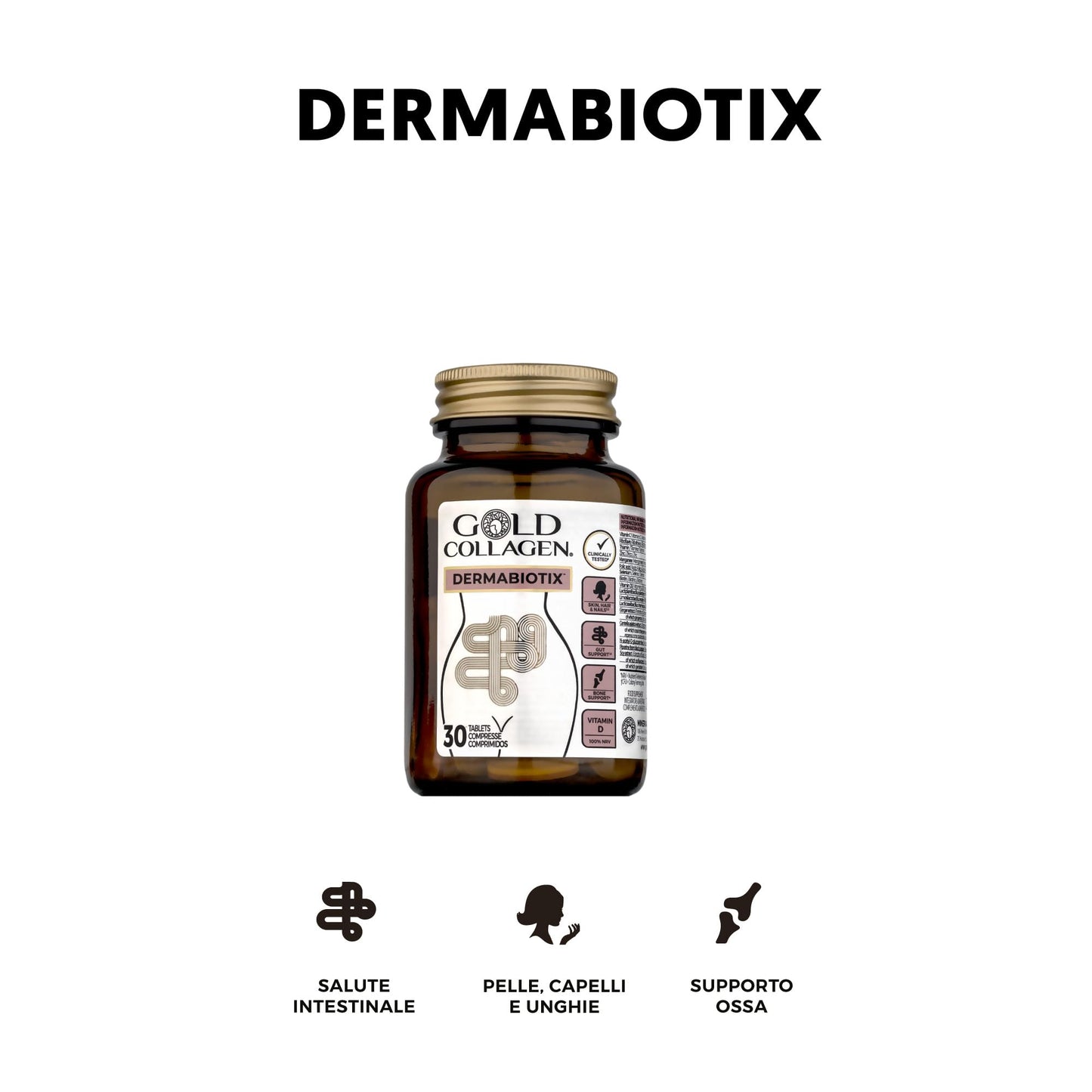 GOLD COLLAGEN Dermabiotix - Probiotics for Gut Health and Hair, Nail, Skin Supplement with Vitamin C B D, Biotin, Zinc and Folic Acid - Bones, Muscles and Calcium Absorption Support, 30 Tablets