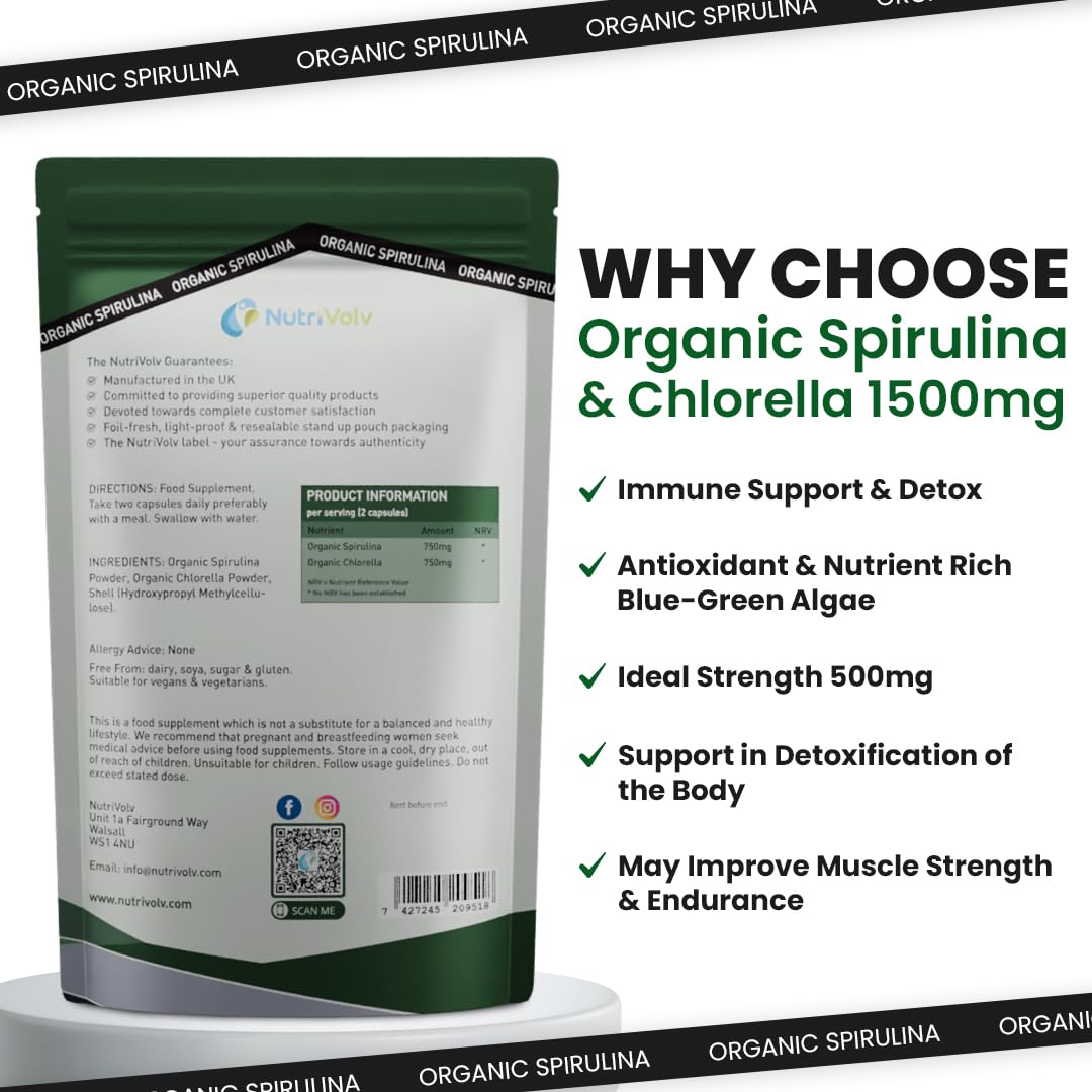 Spirulina & Chlorella | 3 Months Supply | 180 Capsules | 1500mg Per Serving | Pure - No Additives | Vegan & Non-GMO | Broken Cell Wall | by NutriVolv