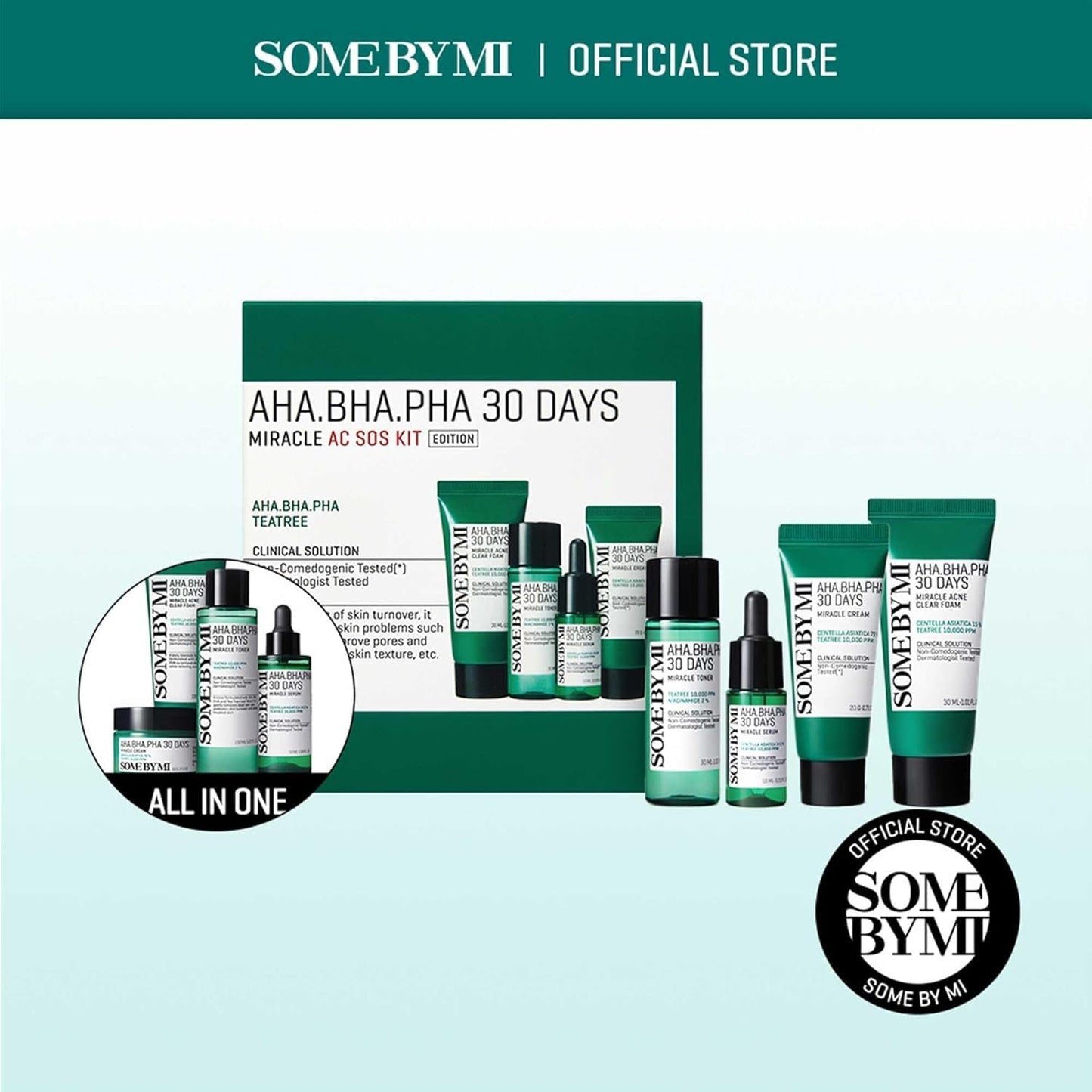 SOME BY MI AHA.BHA.PHA 30 Days Miracle AC SOS Kit, 4 Pcs, Toner 30ml, Serum 10ml, Cream 20g, Acne Foam 30ml