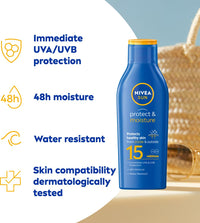 NIVEA SUN Protect & Moisture Sun Lotion SPF 15 (200 ml), Suncream with Vitamin E, Provides 48 Hour Moisture and Immediate UVA & UVB Protection