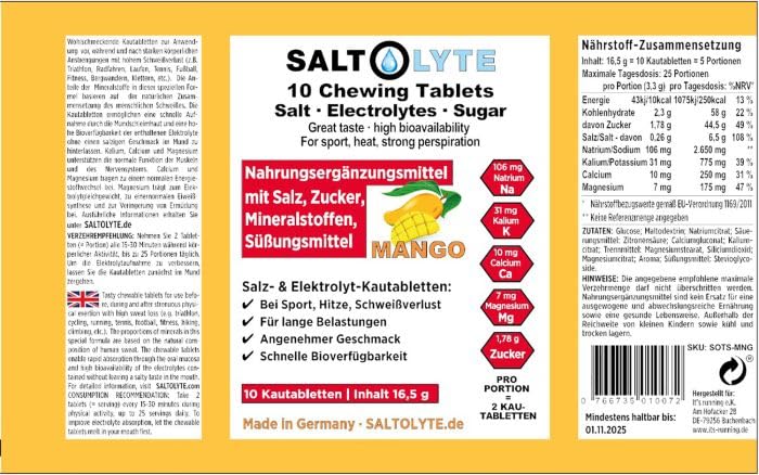 SALTOLYTE 10 Chewing Tablets Mango in Sachet, Salt and Electrolyte Chewable Tablets with Sodium, Magnesium, Potassium, Calcium - Mango Flavour
