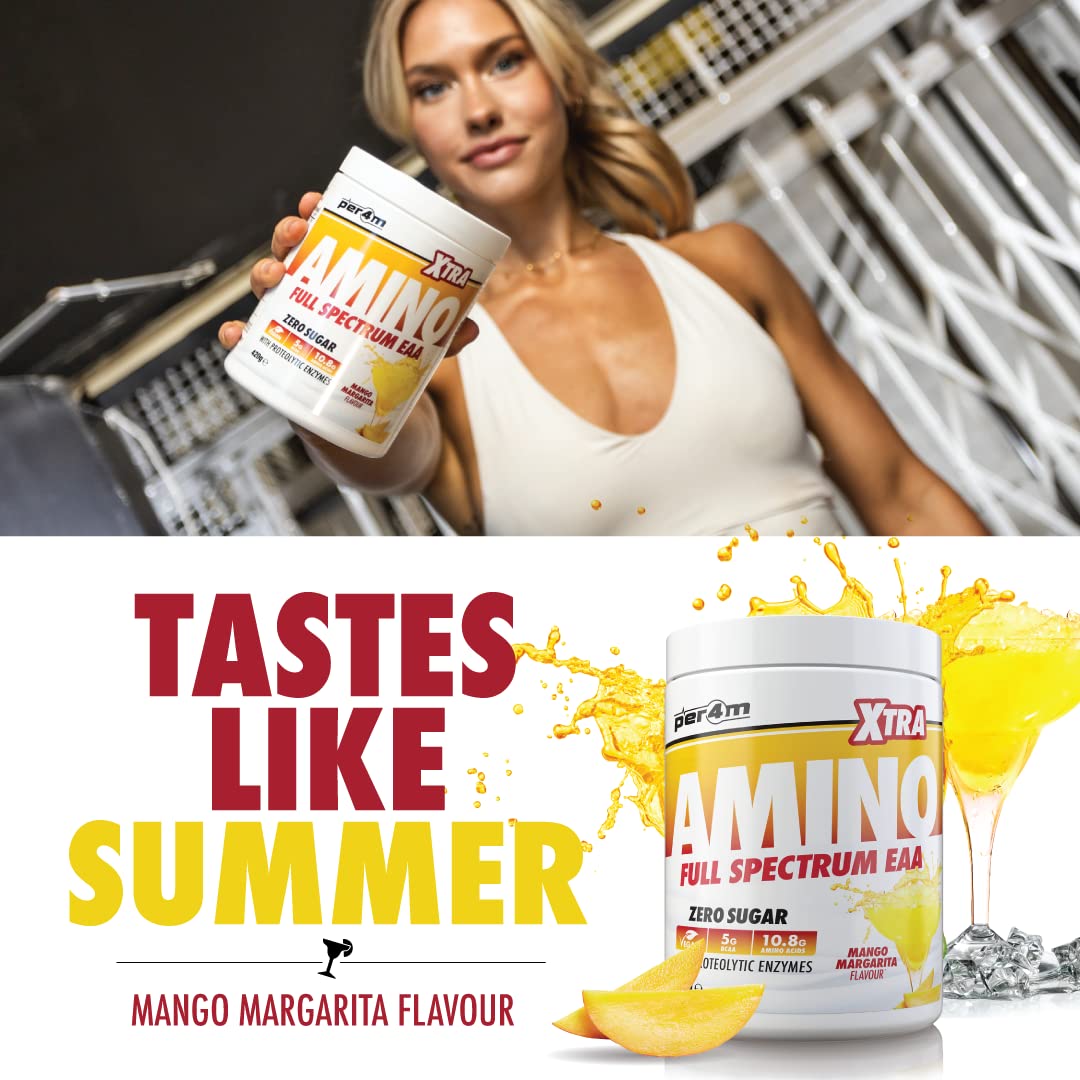 per4m Per4m Amino Xtra | 30 Servings of Full Spectrum EAA with Proteolytic Enzymes | Vegan Friendly | Zero Sugar Amino Acid (Mango Margarita, 420g)