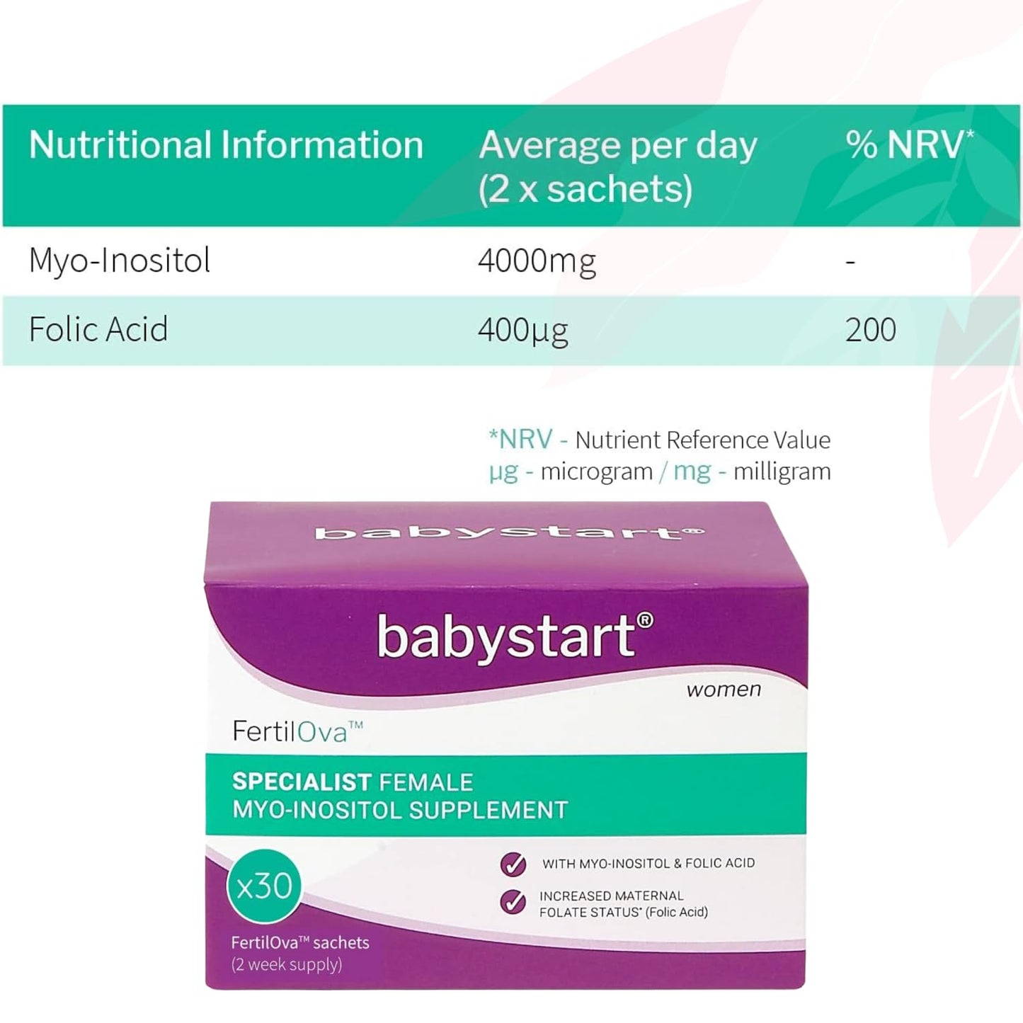 Babystart Fertility Supplements for Women - FertilOva 30 Sachets, 2 Week Supply, Pre Pregnancy Myo-Inositol and Folic Acid Supplement for Conception, Immune System and Fertility Support