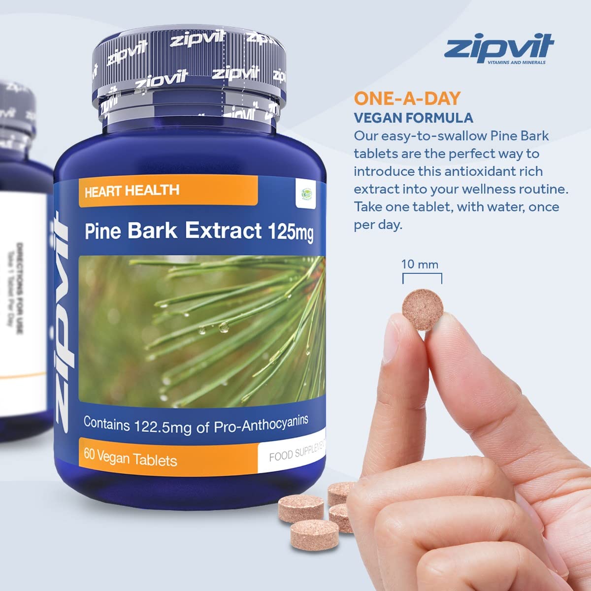 Zipvit Pine Bark Extract 125mg, 60 Vegan Tablets, High Strength Pine Bark Extract, Rich in 122.5mg Proanthocyanidins, Powerful Antioxidant Support