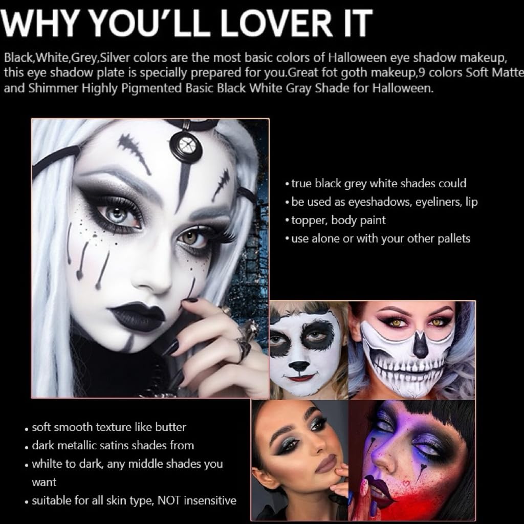 FANFALUV Black Smokey Eyeshadow Palette Makeup,9 Colors Black Silver Gray White Eye Shadow Pallets For Women,Long Lasting,Waterproof and Blendable,Make-up Palettes With Brushes-Halloween Goth Gifts(Smoky)