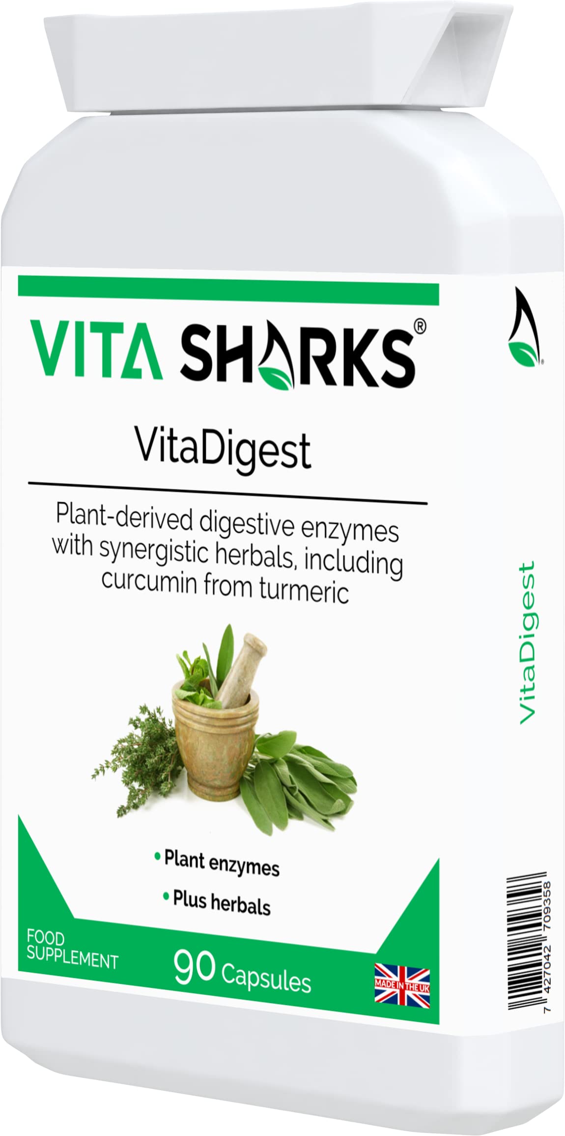 Vita Sharks VitaDigest Vegan 90 Capsules. Natural Gut Soothing Digestive Enzymes, Curcumin & Turmeric; for Gut Cleansing, Immunity & to Combat Bloating, Bowel & Digestion Issues