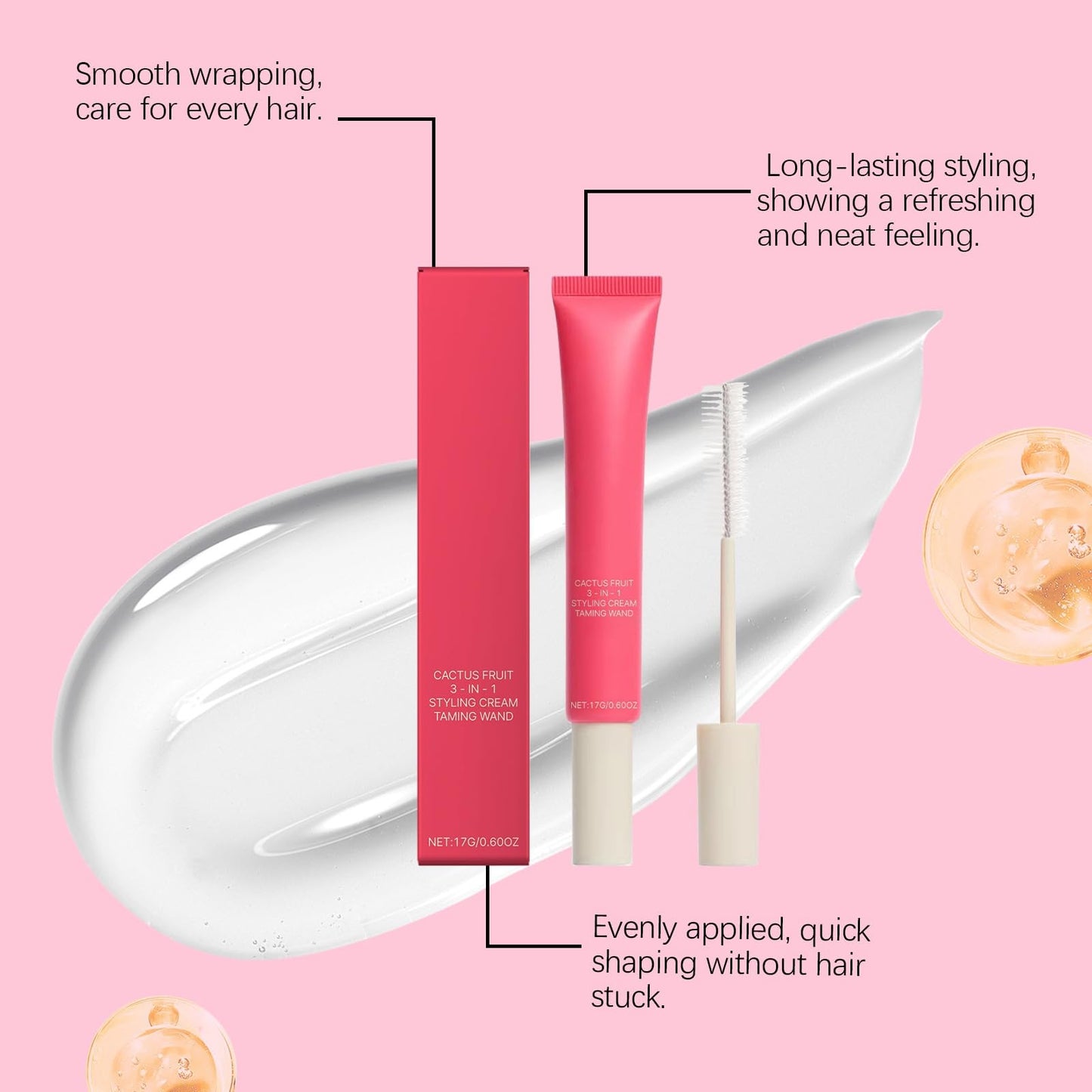 Ruojiar 3-in-1 Hair Styling Cream with Taming Wand,Slick Back Hair Brush,Cactus Fruit Smoothing Stick Hair Tame Flyaways,Hair Styling Products,Hair Mascara for Flyaway Hair,Hair Smoothing Cream,Vegan Formula