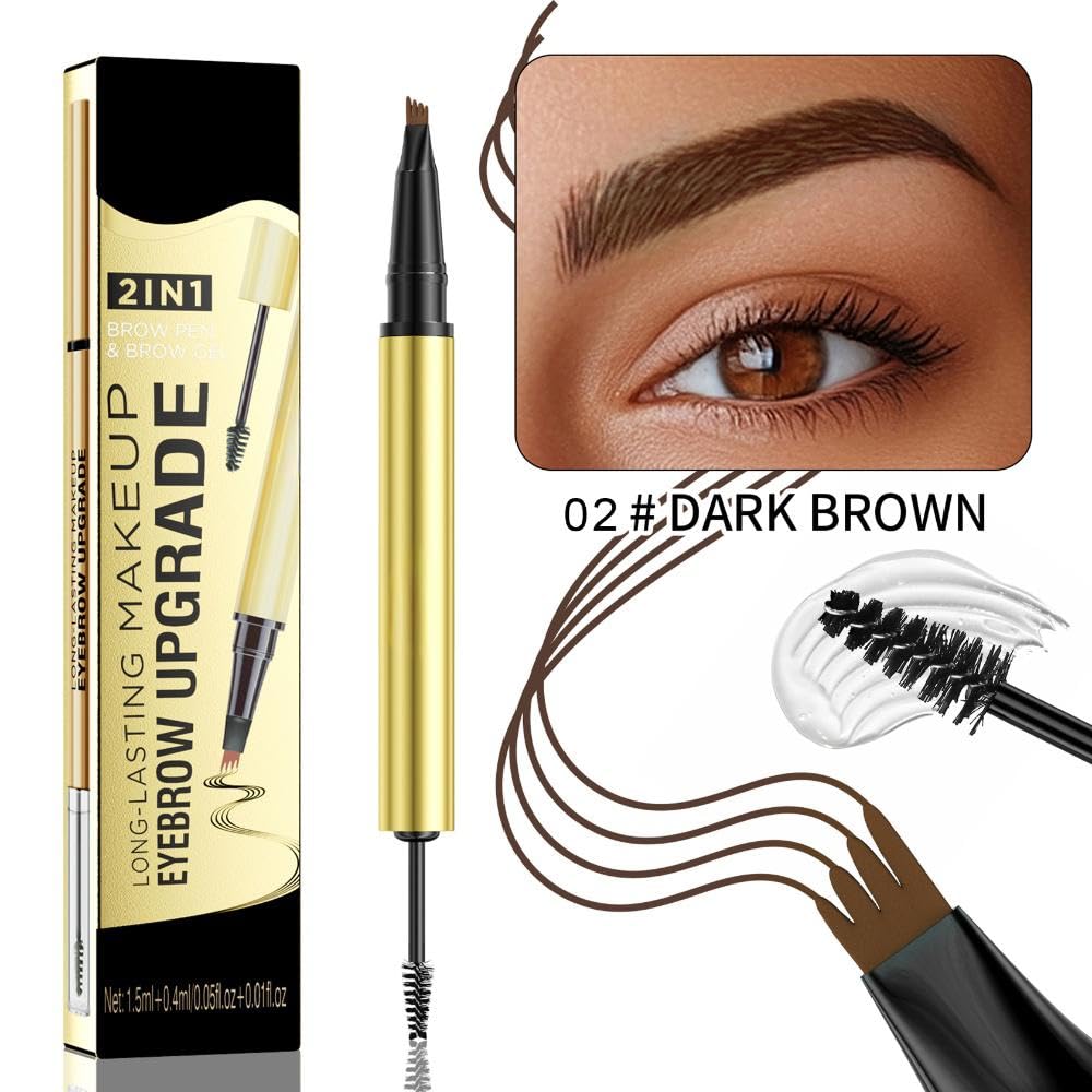 Generic Eyebrow Pen 2-in-1 Dual-Ended with Eyebrow Gel and Brow Brush, 4 Fork Tip for Natural Hair-Like Brows, Waterproof Long Lasting Defined Eyebrows (02# Dark Brown)