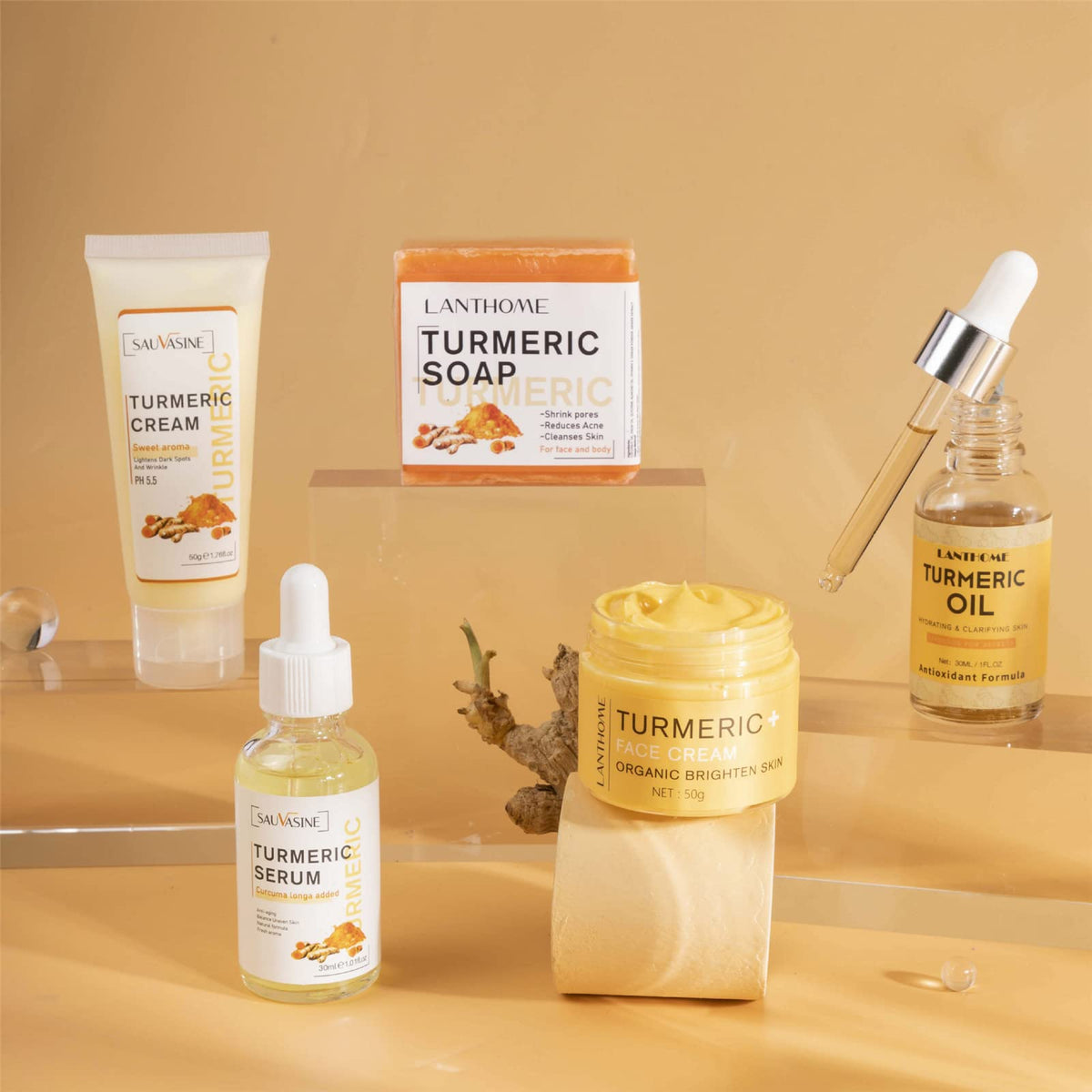 MKNZOME Turmeric Skincare Set, 5Pcs Skin Care Pamper Gifts for Women, Skin Care Sets & Kits Facial Kit with Turmeric Cream, Turmeric Soap, Turmeric Oil, Body and Bath Set