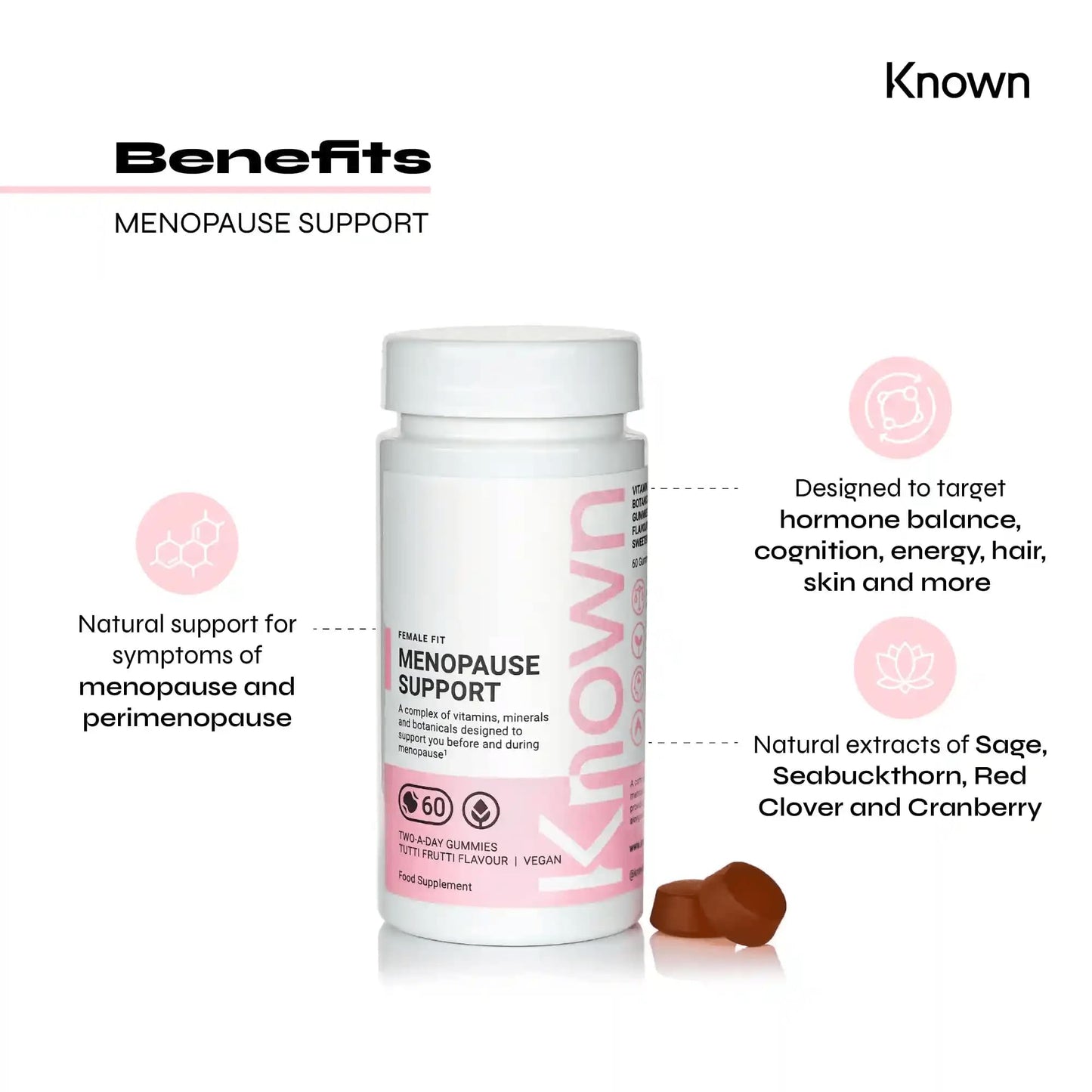 Known Menopause & Perimenopause Support Gummies | All in one Complex | Delicious Tutti Frutti Flavour Natural Flavourings | 60 Two-a-Day Gummies (One Month’s Supply) (2)