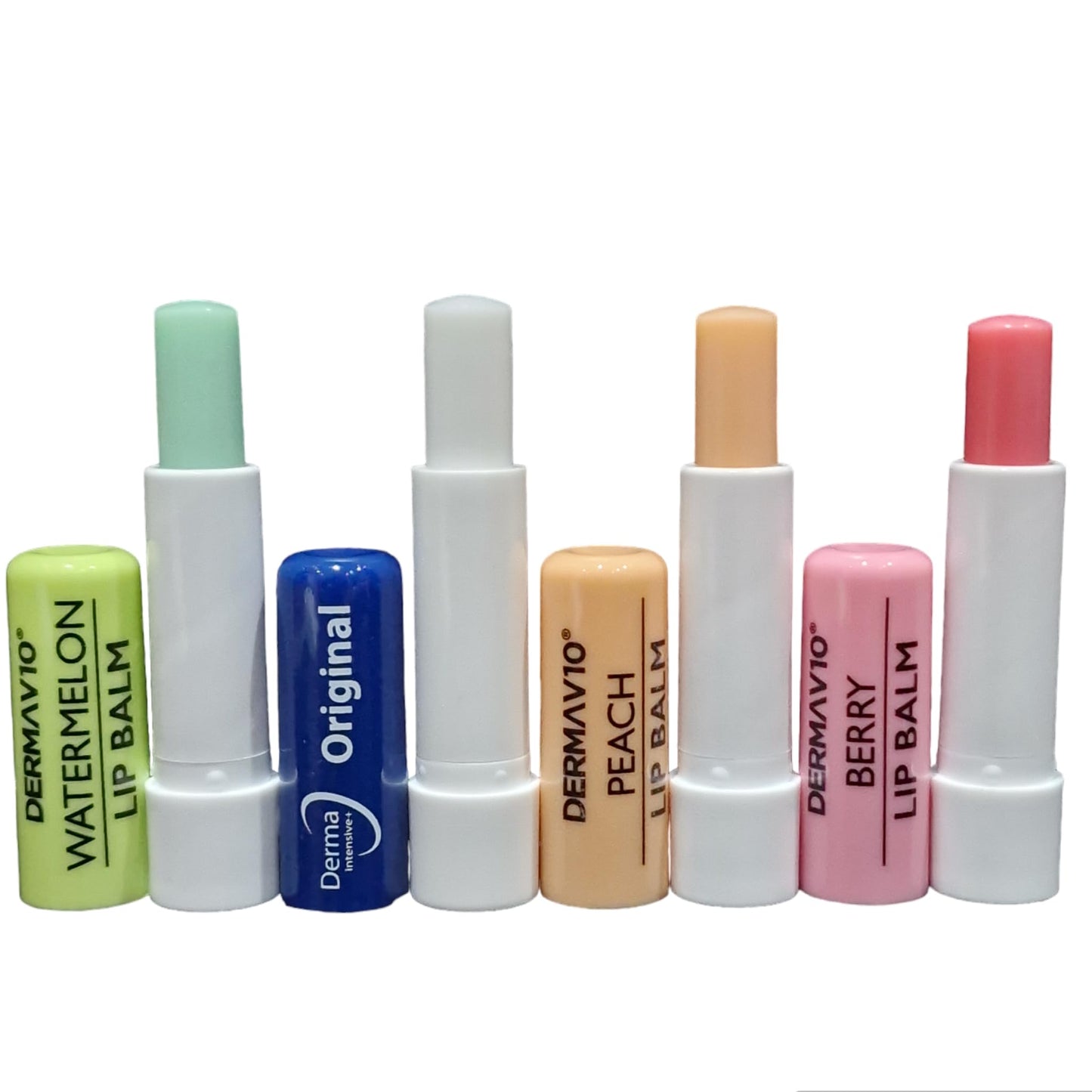 Generic Derma V10 Trio Pack 1 of Each Lip balm Peach Watermelon Berry AND 1 Original Derma intensive with Vitamin E Lip Balm 4.8g