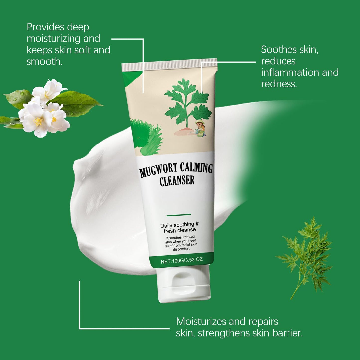 Shefave Mugwort Calming Face Cleanser, Mugwort Face Wash Women & Men, Calming Facial Cleanser, Hydrating Cleanser, Mugwort Cleanser for Sensitive Skin, Gentle Cleanser, Daily Soothing, Moisturizing