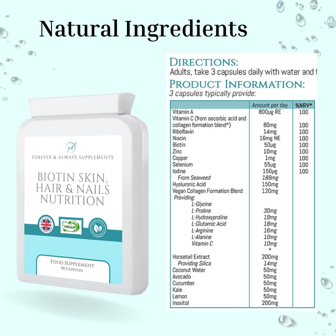 Forever & Always Supplements 90 x Vegan Hair Skin and Nails Vitamins for Women & Men, Vegan Collagen, biotin and zinc Complex for Hair Growth, Strong Nails & Healthy Skin