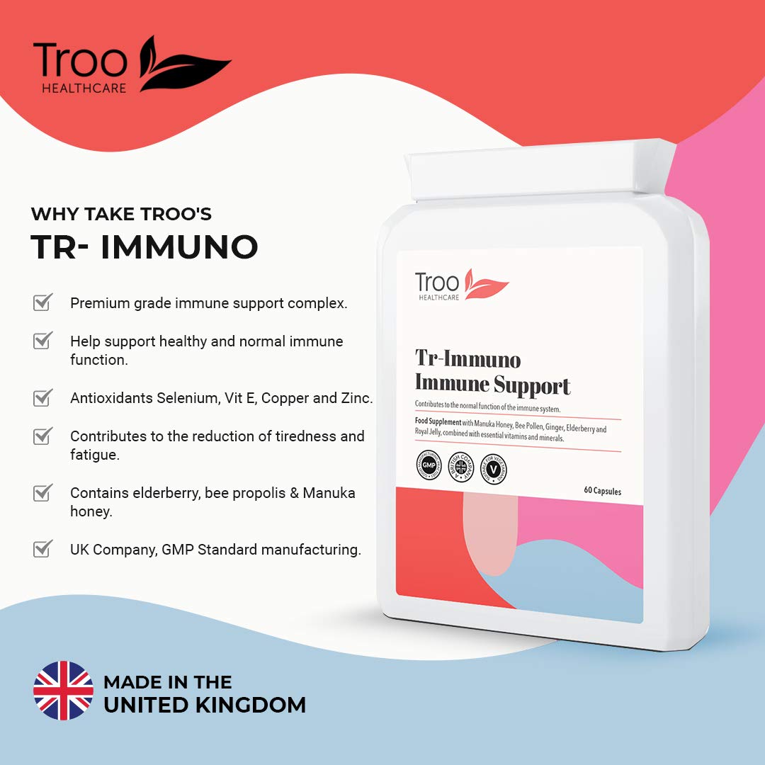 Troo Health Care Tr-Immuno Immune Support Supplement 60 Capsules - Essentia Immunity Vitamins Minerals & Botanicals - Vitamin C & D3 - Zinc - Manuka Honey - Bee Pollen - Royal Jelly - Elderberry
