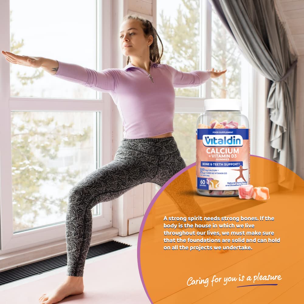 VITALDIN Calcium + Vitamin D3 Gummies – 500 mg Calcium & 1.000 IU Vitamin D per Serving – 60 Chewable Gummies (1-Month Supply); Fruit Flavour – Bone & Teeth Support – Gluten Free – for Kids & Adults
