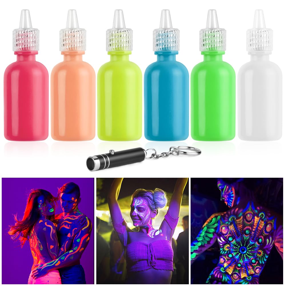 LOPHE UV Body Painting Set, 6 Pcs 30ML Ultraviolet Glow Face Paint with UV Lamp, UV Glowing Neon Liquid Face Painting, Non Toxic Face Body Paint for Carnival Halloween Cosplay Art Paint, Light Color