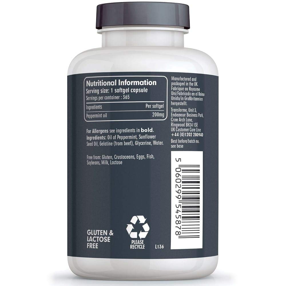 Transforme High Strength Peppermint Oil 200mg Capsules Softgels - 365 Softgels (1 Year Supply) Easy to Digest - Rapid Release - High Absorption - Gluten Free