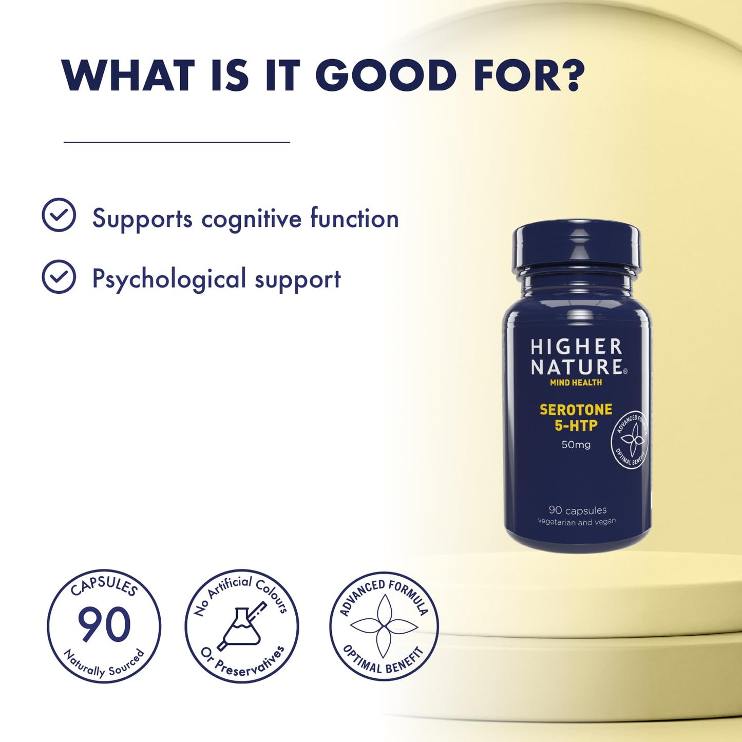 Higher Nature - Serotone 5HTP - 50mg - Psychological Support - Natural Source of 5HTP - B Vitamins & Zinc - Vegan & Vegetarian - 90 Capsules