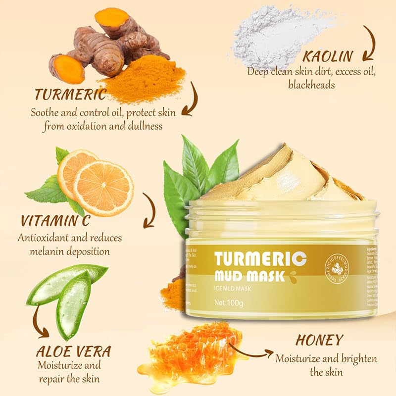FANFALUV Turmeric Clay Mask-Organic Face Masks Skincare With Vitamin C Helps To Reduce Acne And Dark Spots,Anti-Aging,Firms Skin,Blackhead Remover,Even Out Skin Tone-Turmeric Clay Face Mask (100g)