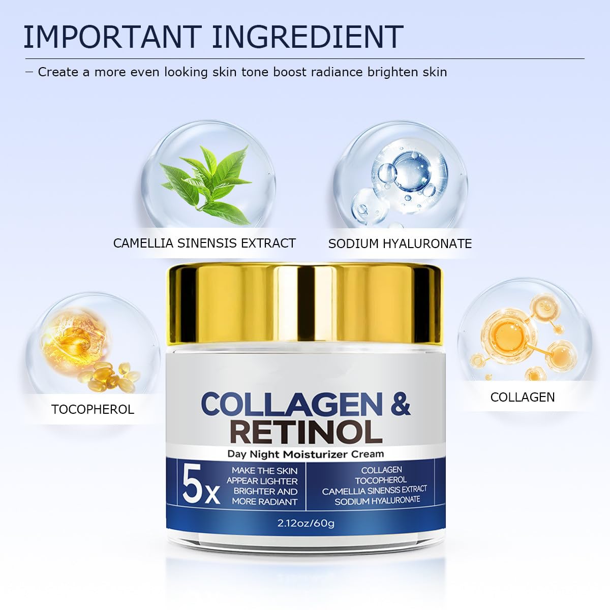 Retinol Collagen Cream for Face,Anti-Aging Retinol Cream Anti-Wrinkle Reduce Fine Lines Lifting and Firming Cream 24-Hour Facial Care Suitable For Most Skin Types 60g