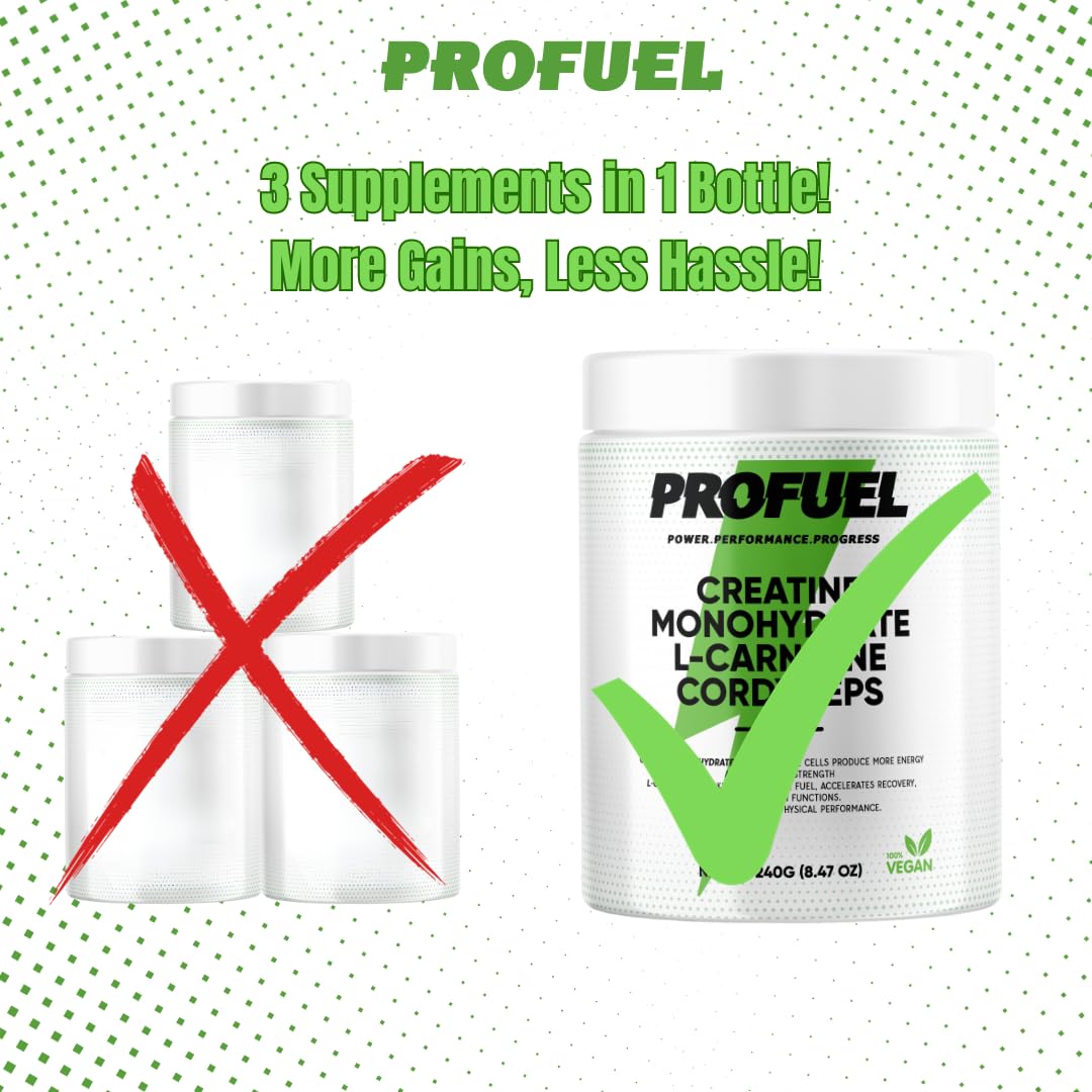 PROFUEL Creatine, L-Carnitine & Cordyceps Powder - 240g - Increase Strength & Performance - Gym Supplement for Men & Women