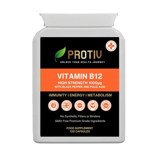 Protiv Vitamin B12 Methylcobalamin Supplement 1 mg - 120 Easy Swallow Daily Capsules - High Strength 1000 mcg per Capsule – Energy and Nervous System Support - UK Manufactured to GMP Standards